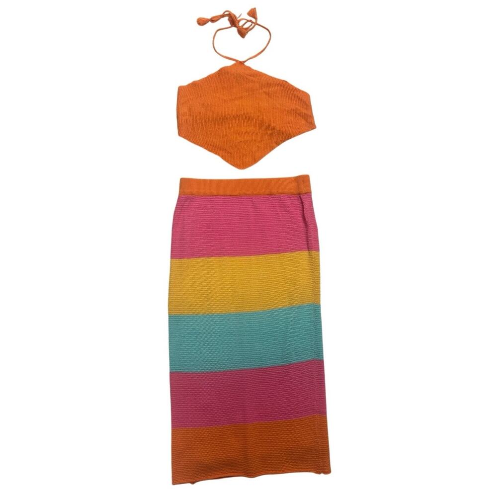 Crochet Knit Halter Top & Rainbow Skirt Set Y2K Festival Fit 🤍 Size L ✨